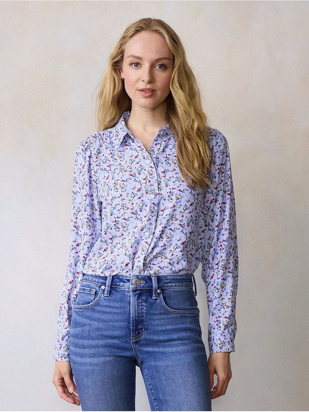 LC Lauren Conrad Light Blue Floral Button-Down Blouse